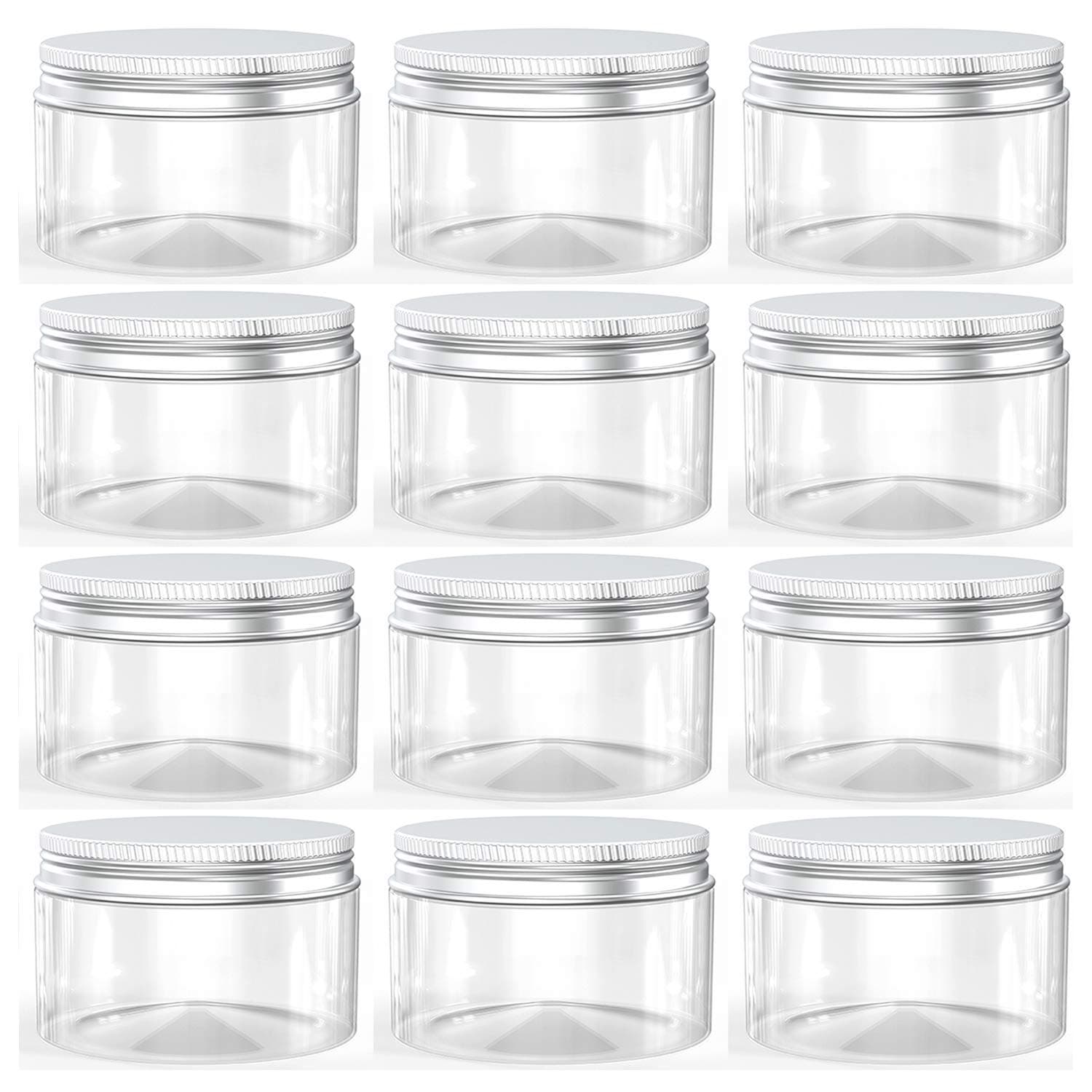 4 Ounce Plastic Jars with Aluminum Lid Leak Proof Clear Containers Jars for Store Liquid, Cosmetic, Cream, 12 Pcs