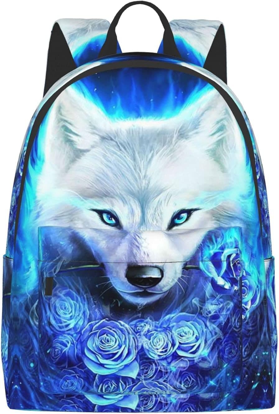 FeHuew 16 inch backpack Fantasy Blue Roses Wolf Laptop Backpack Full Print School Bookbag Shoulder Bag for Travel Daypack