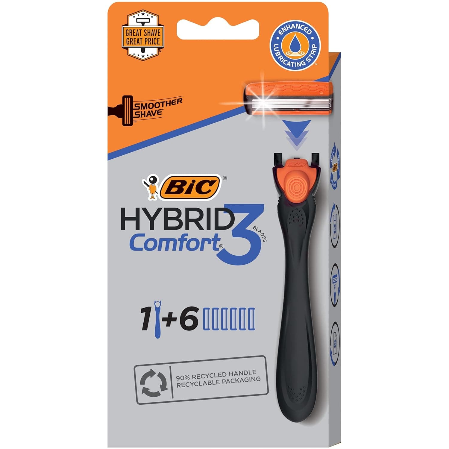 BIC Comfort 3 Refillable Three-Blade Disposable Razor for Men, Sensitive Skin Razor For a Comfortable Shave, 1 Handle and 6 Cartridges, 7 Piece Razor Set