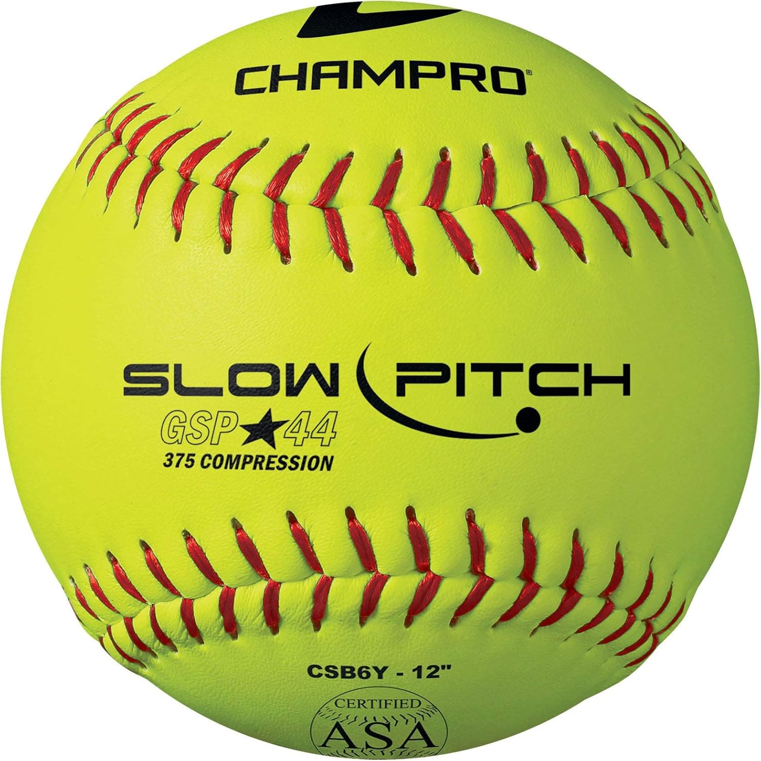 Champro Game ASA Slow Ptich .44 COR, 375 Compression, Poly Synthetic Cover, Red Stiches (Optic Yellow, 12-Inch), Pack of 12