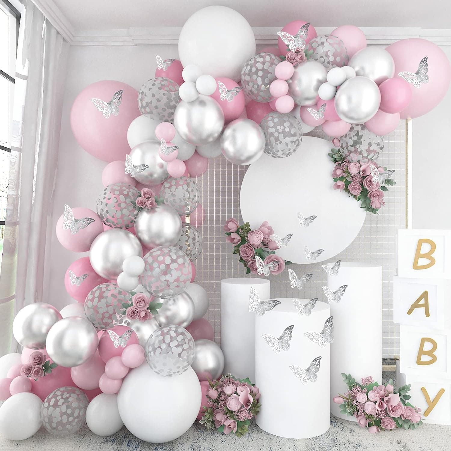 Pateeha Pink Balloon Garland 140 Pcs Silver Pink White Balloon Arch Kit Butterfly Stickers Silver Confetti Latex Balloons for Bridal Shower Birthday Baby Shower Decorations for Girls