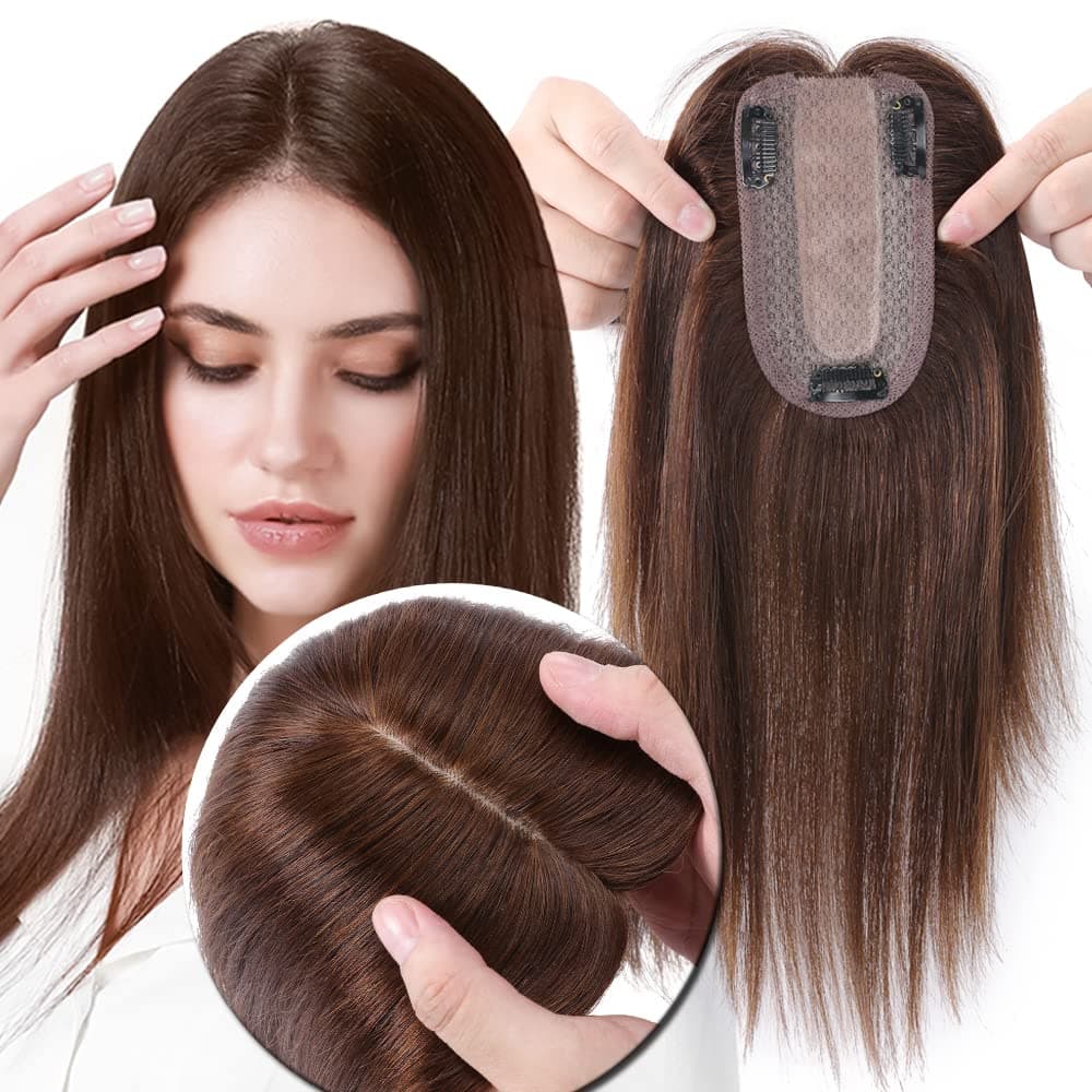 MY-LADY Human Hair Toppers for Women Real Remy Hair 150% Density 7 * 13CM Silk Base No Bangs Clip in Hair Pieces Straight Hairpiece for Thinning Hair 14 Inch #04 Medium Brown