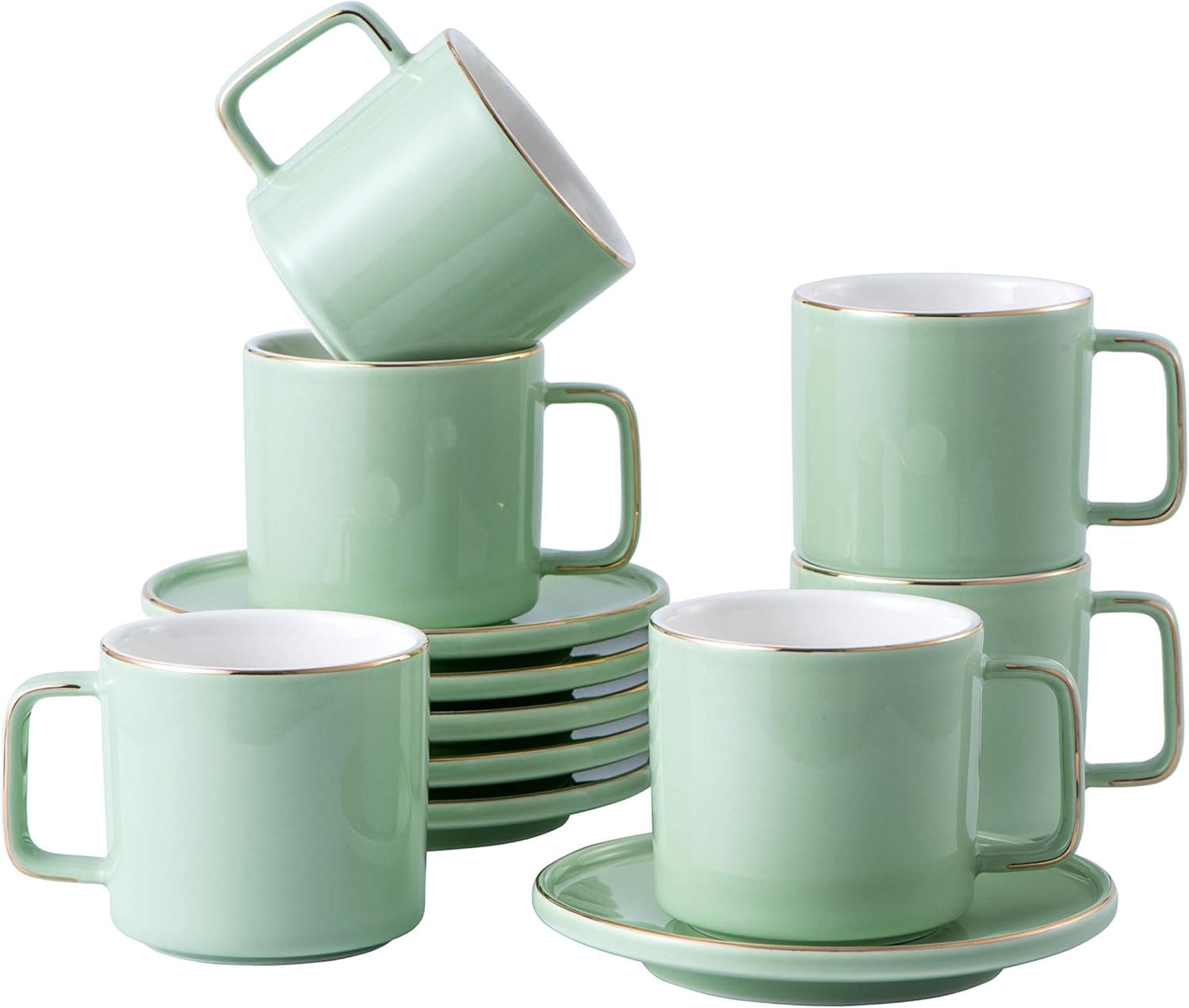 MADAM MARBLE Set of 6 (8.5 oz) Cups and Saucers with gold trim and gift box, Tea Cup Set, Esspresso Cup, Green Cups, Cappuccino Cups, British Tea Set, Porcelain Tea Cups, Latte Cups, Mocha Cup