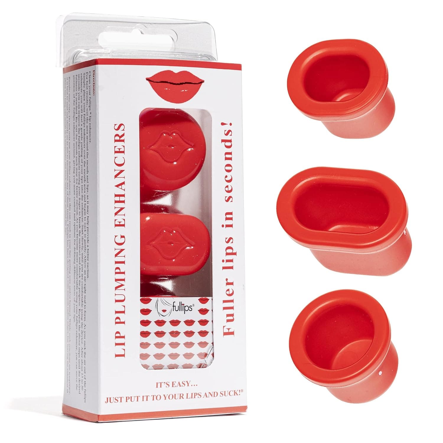 Fullips Lip Plumper Tool - Combo-Small Oval, Medium Oval, & Large Round Enlarger - Self Suction Plumping For Fuller Lips- Natural Lip Enhancement - Red Plastic Plumpers