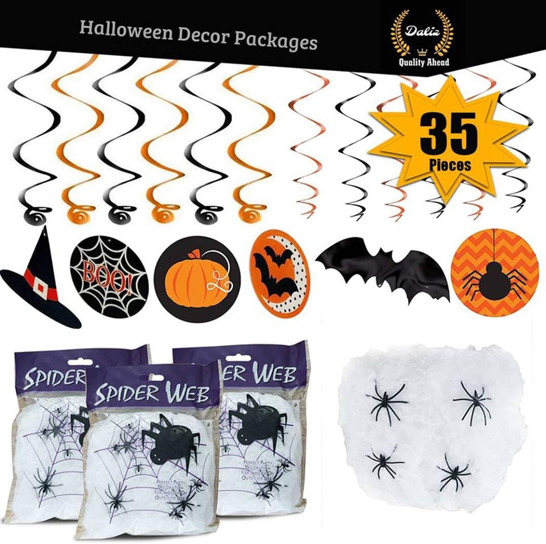 [Daliz] Halloween Swirl and Spider Web Decorations| Cute Bats, Witches Hats, Spiders | Classic Black & Orange Colors | Fun, Kid-Friendly Party & Home Decor