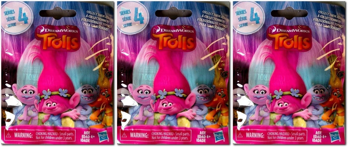 Set of 3: DreamWorks Trolls Surprise Mini Figure Series 4 Blind Bag - Each Package includes 1 Mini Figure