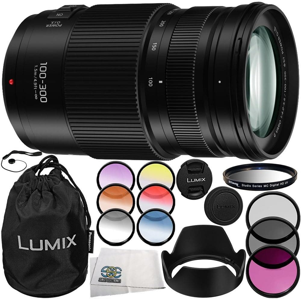 Lumix G Vario 100-300mm f/4-5.6 II Power O.I.S. Lens 10PC Accessory Kit – Includes Manufacturer Accessories + 3 Piece Filter Kit (UV + CPL + FLD) + More
