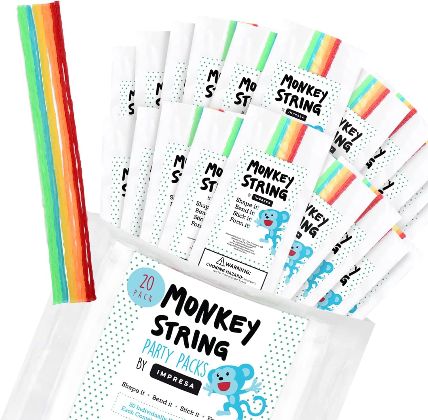 [20 Bags Party Pack] Monkey String - 10 Pieces Per Bag with 5 Colors - Bendable, Sticky Wax Yarn Stix, 6 inch Wax Sticks Party Pack - Great Toys for Party Favors, Events or Restaurants - By Impresa Products