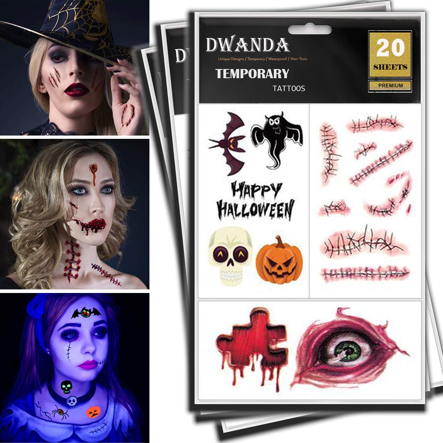 Temporary Scar Tattoos Stickers, Halloween Temporary Tattoos, Halloween Makeup Zombie Blood Party Supplies, Funny Fake Tattoos for Adults, Kids Halloween Gifts