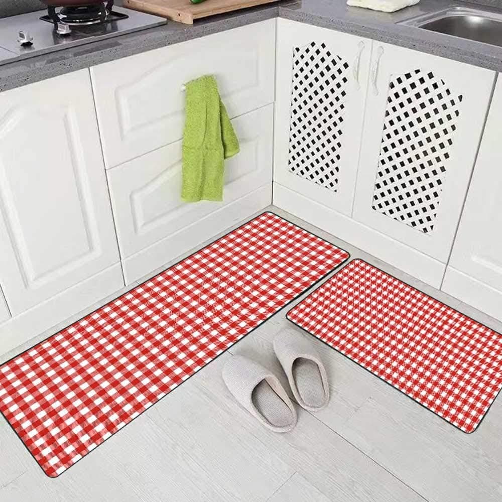 Teepel Kitchen Area Rug 2 Piece Comfort Kitchen Rugs Red White Checkered Tablecloth Background Kitchen Rugs Non Skid Washable 17"X48"+17"X24" for Bathroom Kitchen