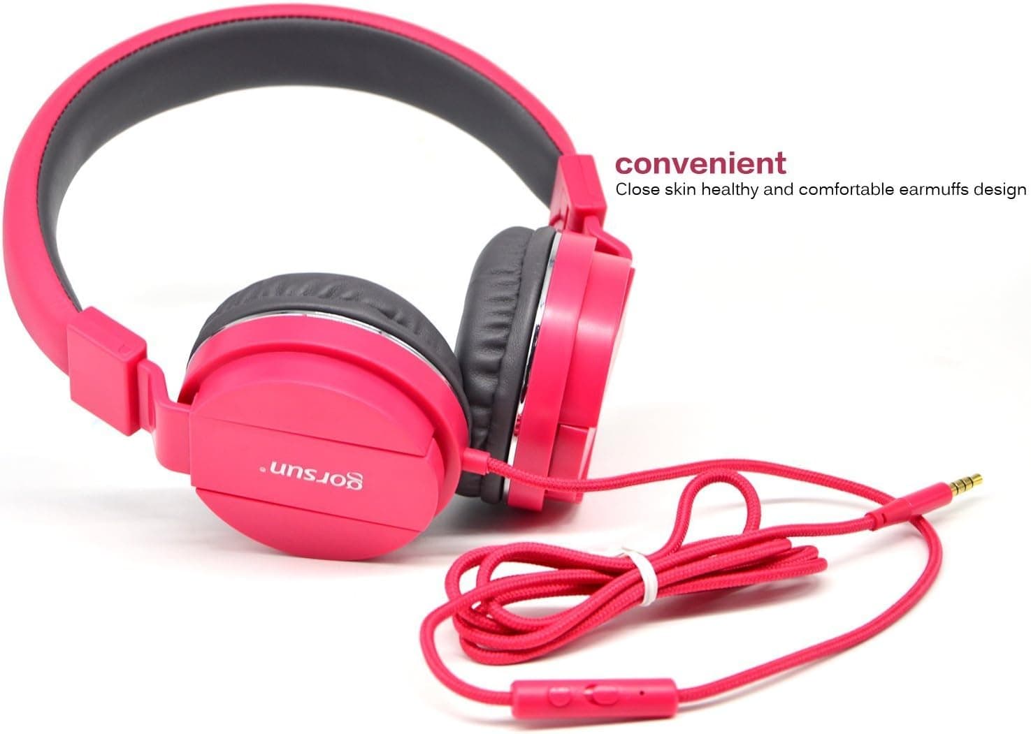 Bluelark(TM) Fashionable Voice-access Headphone Headset Flow Music Gaming Earphone Foldable for Kids or Adults Easy Storage with Detachable 3.5 mm Audio Cable Including In-line Microphone and Controls Over Ear Earphones Headphones Compatible with MP3/MP4 Player, PC, Cell Phones - Top Stereo Sounds- Portable for Indoor & Outdoor (Rose Red)