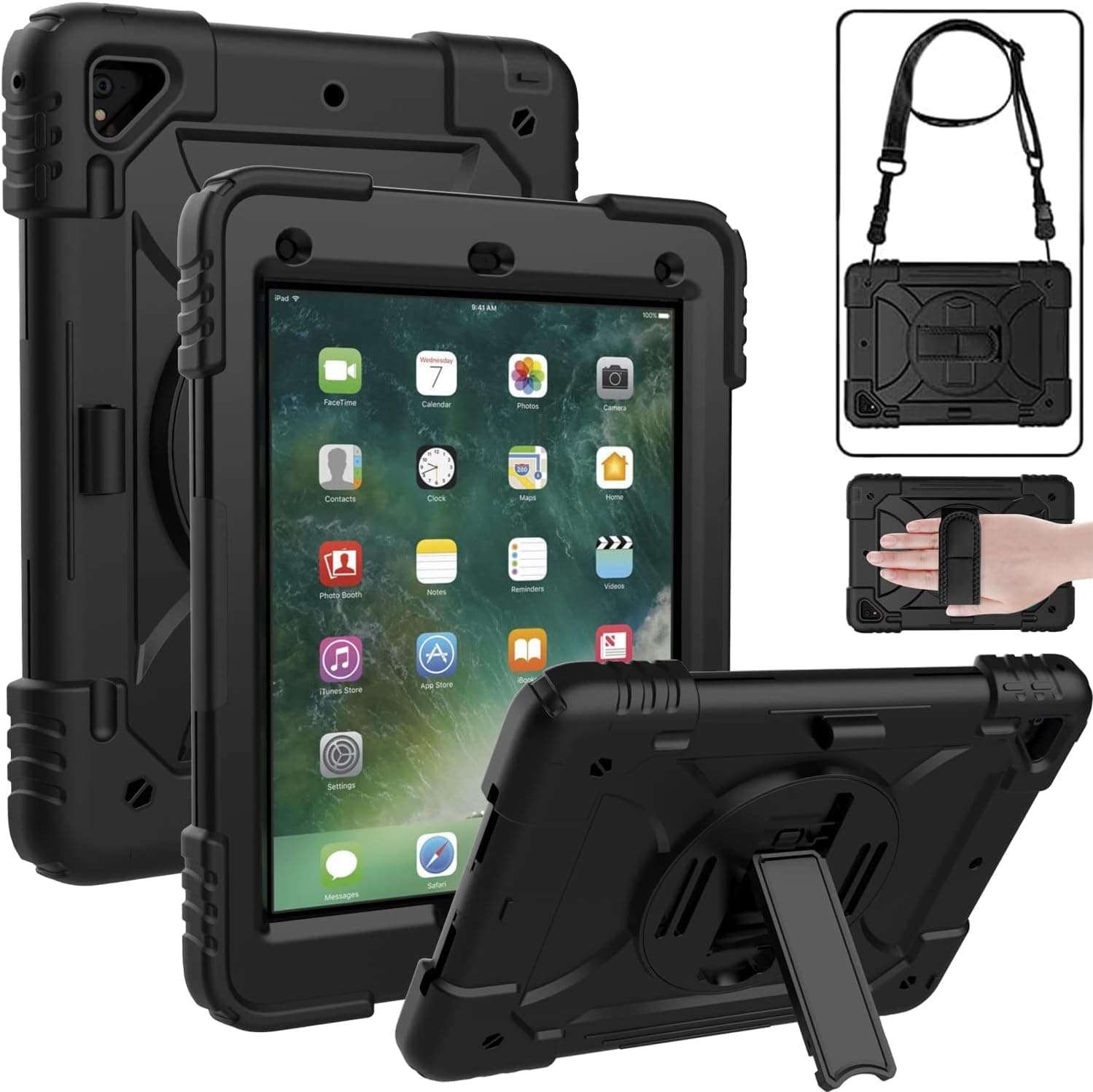 eTopxizu Rugged Case for iPad 9.7 Inch 2018/2017, 3 Layer Hybrid Shockproof [360 Rotating Stand] [Hand Strap] [Pencil Holder] Kids Case, iPad 6th Generation Case, iPad 5th Generation Case, Black