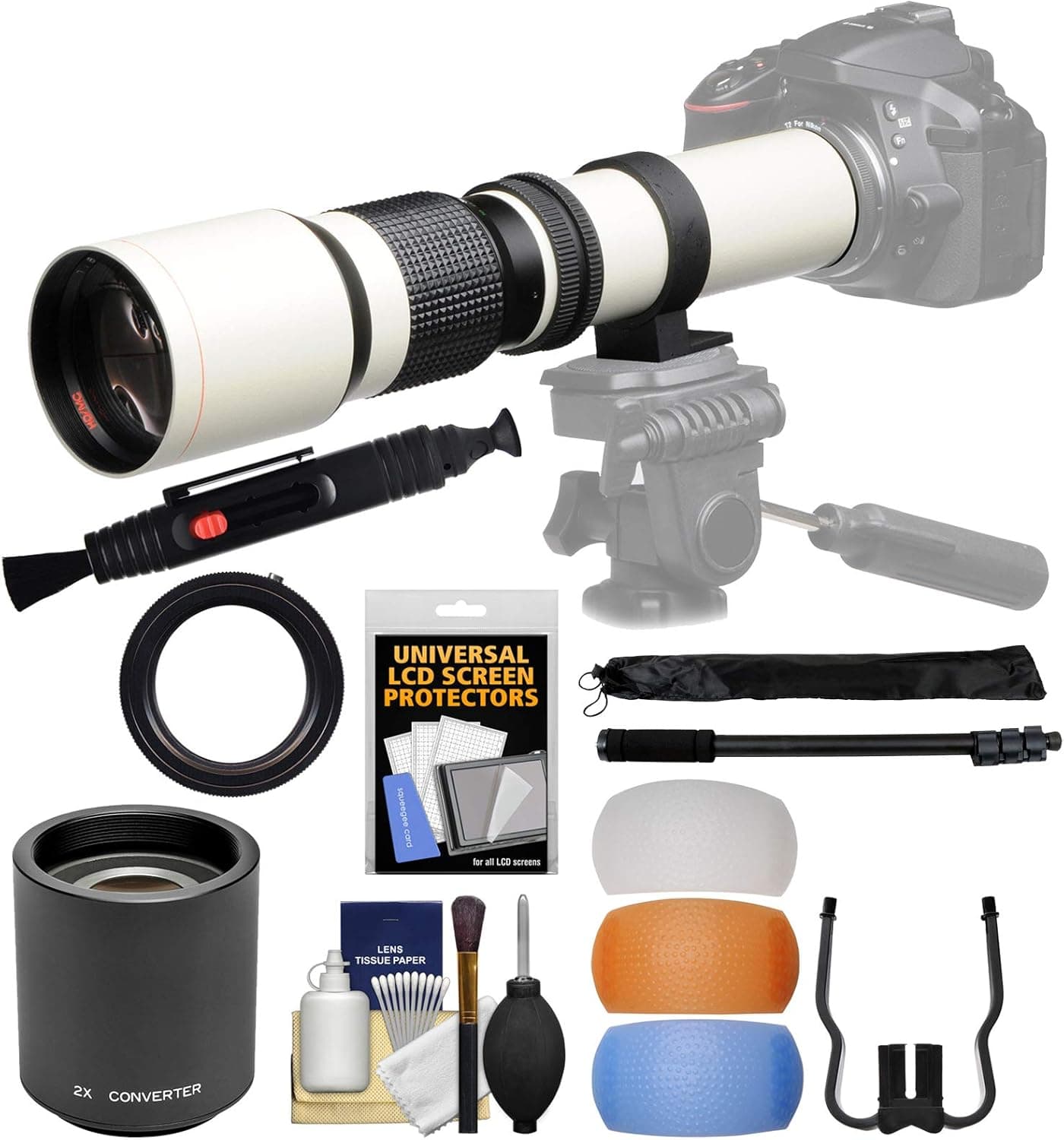 Vivitar 500mm f/8.0 Telephoto Lens (T Mount) (White) & 2x Teleconverter (=1000mm) + Color Flash Diffusers + Monopod + Kit for Canon EOS Digital SLR Cameras