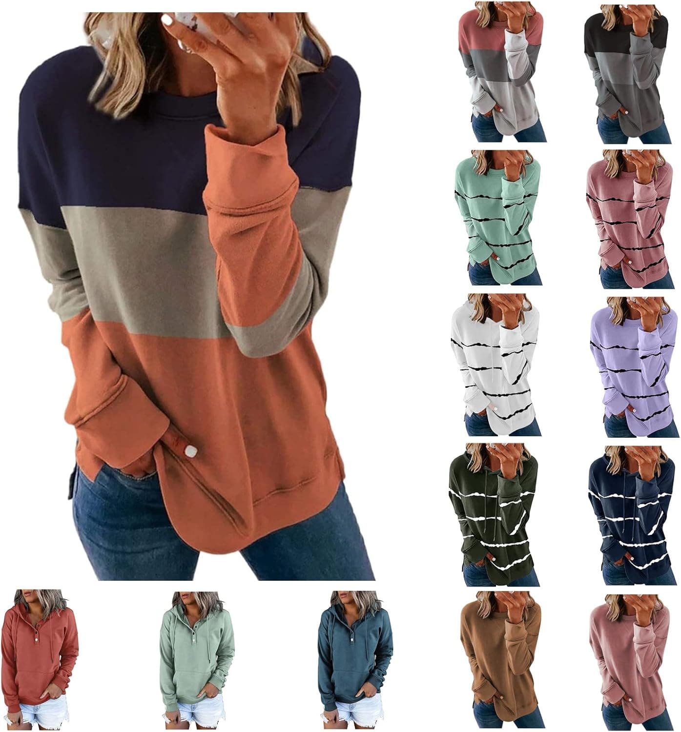 anuyalue Sweatshirt for Women Loose Fit Casual Crewneck Pullover Fashion Color Block Shirt Long Sleeve Tunic Top Fall Clothes