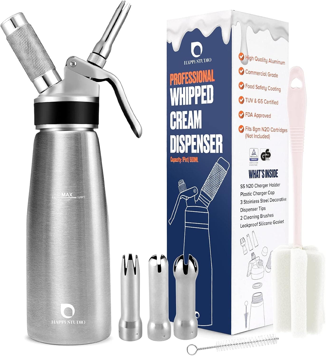 HAPPi STUDIO Premium Whipped Cream Dispenser Reinforced Aluminum Whipped Cream Maker - 500ml 1 Pint Whip Cream Dispenser with 3 Stainless Steel Decorating Nozzles - Use 8g Nitrogen Cartridges