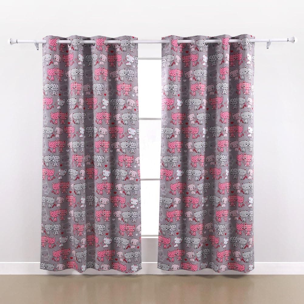 Deconovo Pink Cat Print Blackout Curtains Grommet Top Curtains for Bedroom 52x63 Grey 1 Set