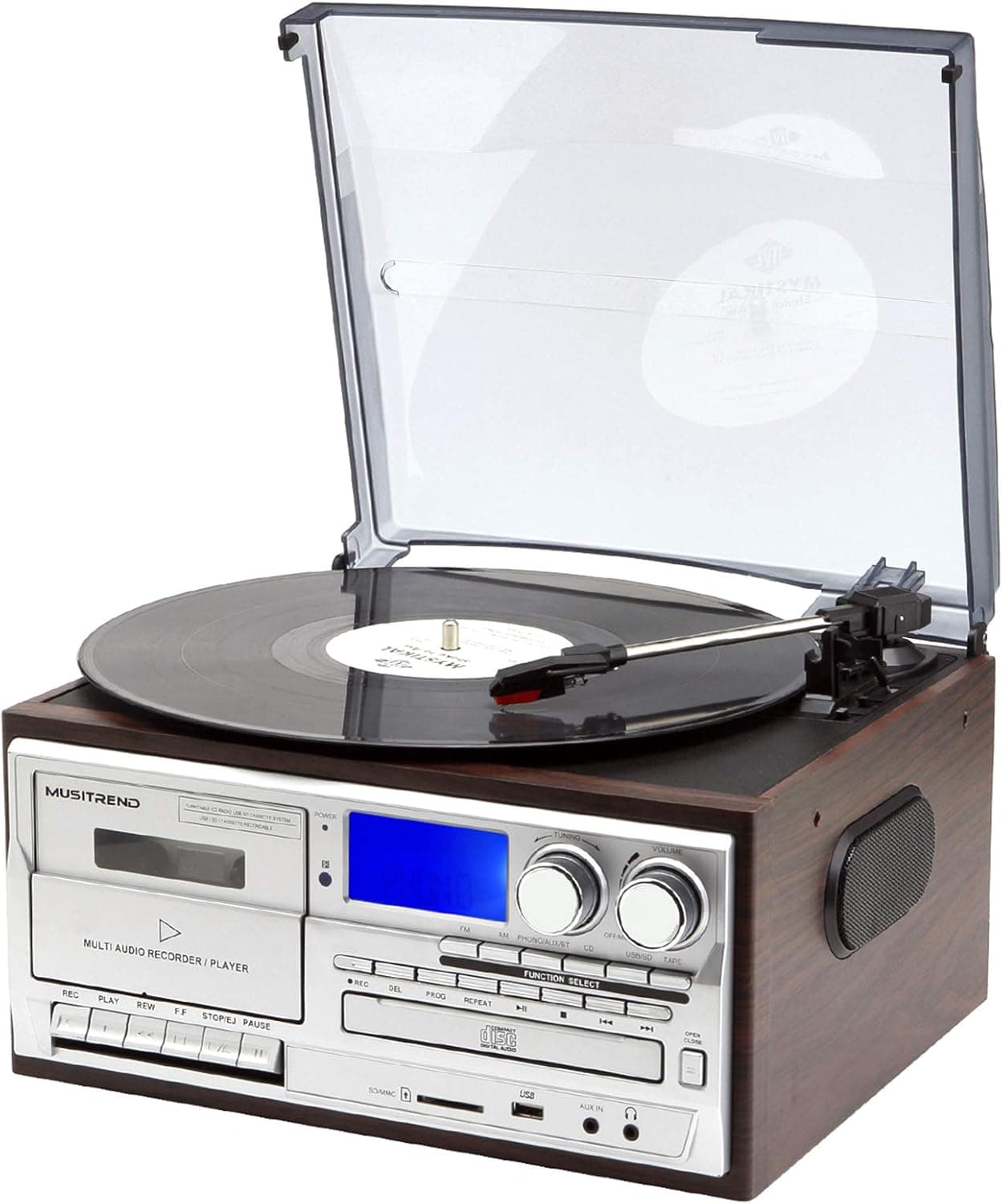 MUSITREND Record Player 8 in 1 3 Speed Bluetooth Vintage Turntable CD Cassette Vinyl Player AM/FM Radio USB Recorder Aux-in RCA Line-Out