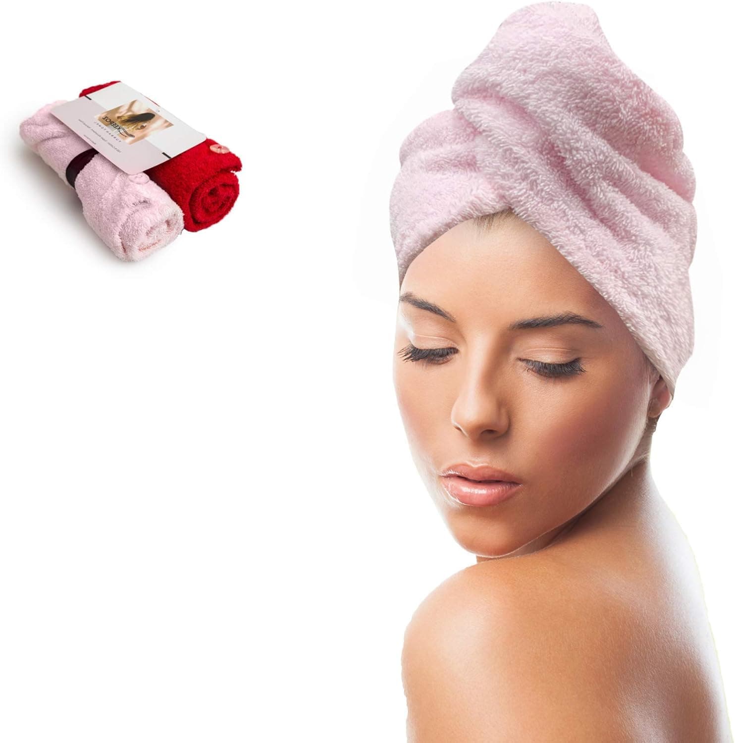 KEEPOZ Hair Towel Wrap Quick Dry 100% Cotton Super Absorbent Non Microfiber Turban Head Wrap for Women with Button, Anti Frizz Hair Products, Hair Cap for Curly, Long & Thick Hair (2pcs) (Pink+Red)
