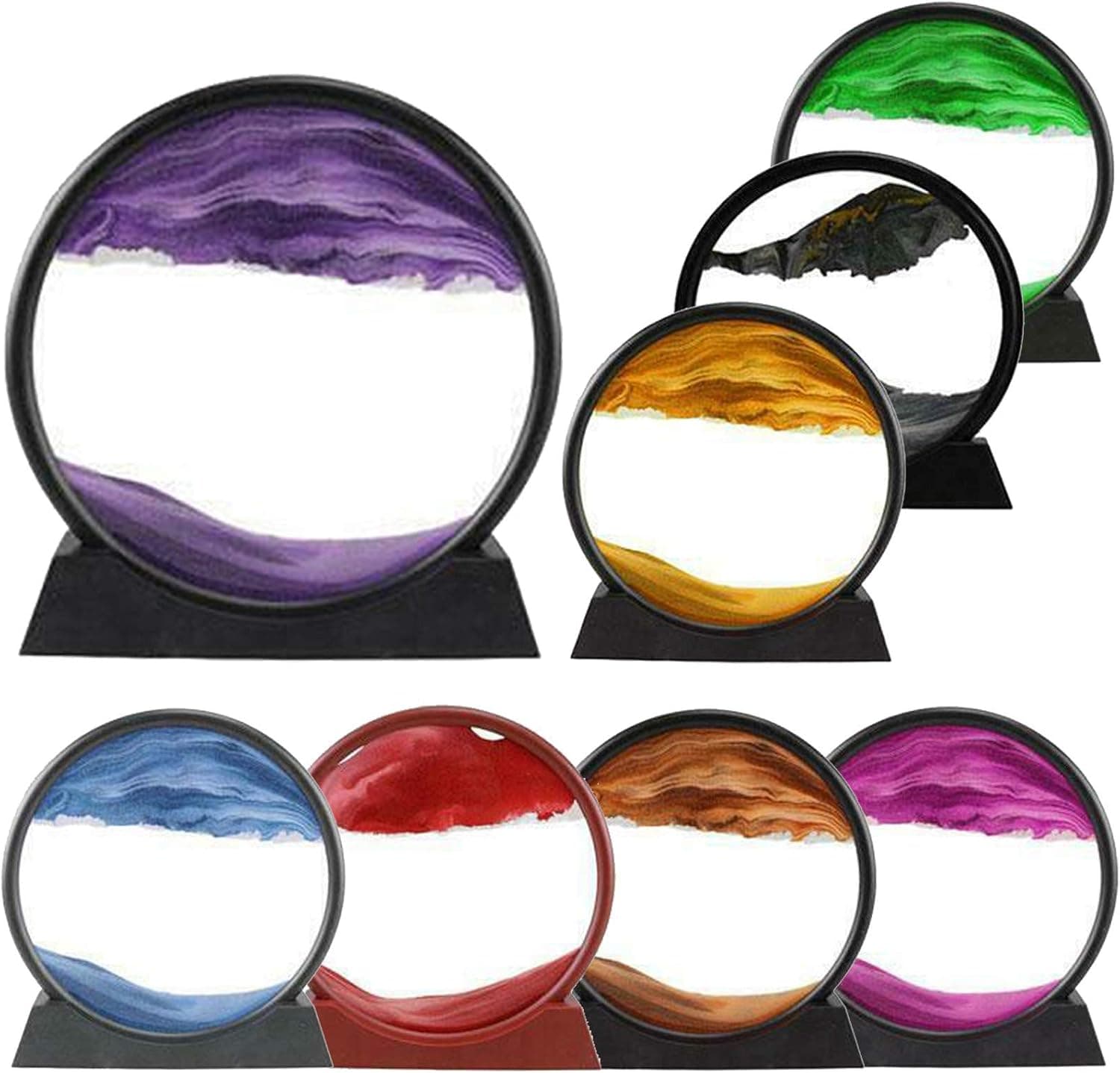 Moving Sand Art Picture Round Glass 3D Deep Sea Sandscape in Motion Display (Black and White Gold, 7 Inch)