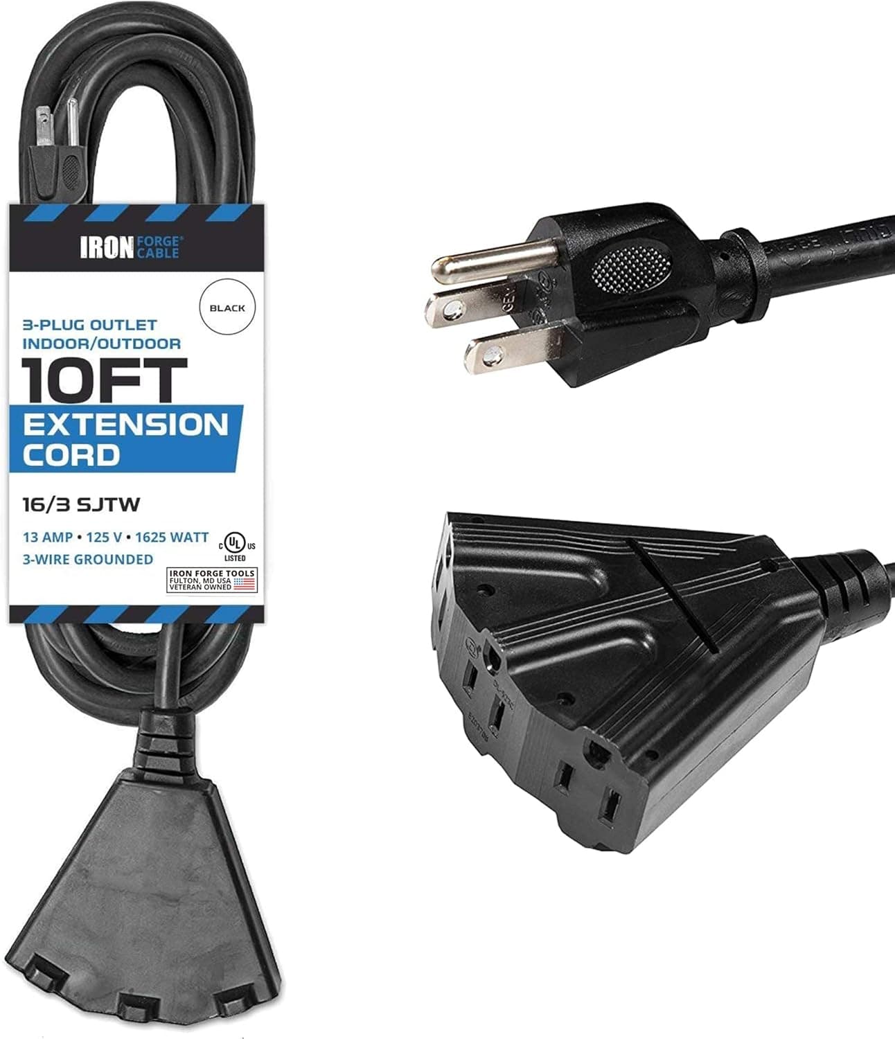 10 Ft Outdoor Extension Cord with 3 Electrical Power Outlets - 16/3 SJTW Durable Black Cable