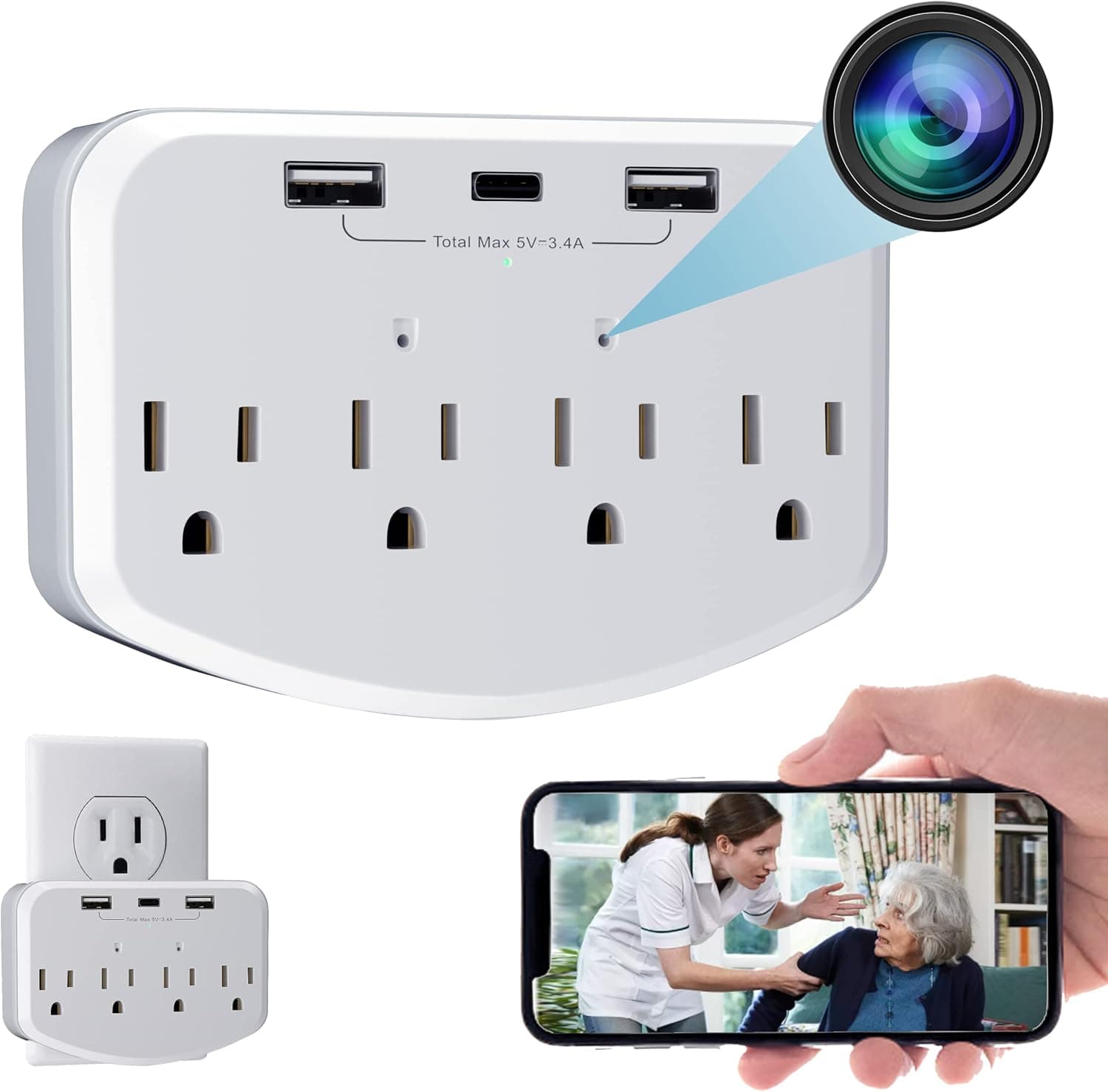 Hidden Camera WiFi Spy Camera Hidden Cameras Wall Charger Nanny Cam with USB Fast Charger Outlet HD 1080P Wireless for Home Security Secret Camera 20W PD Charging Port