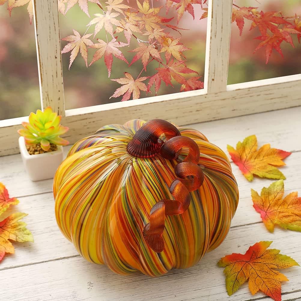 glitzhome Hand Blown Rainbow Striped Glass Pumpkin Table Accent for Fall & Harvest Thanksgiving Decorating(6.5 Inch)