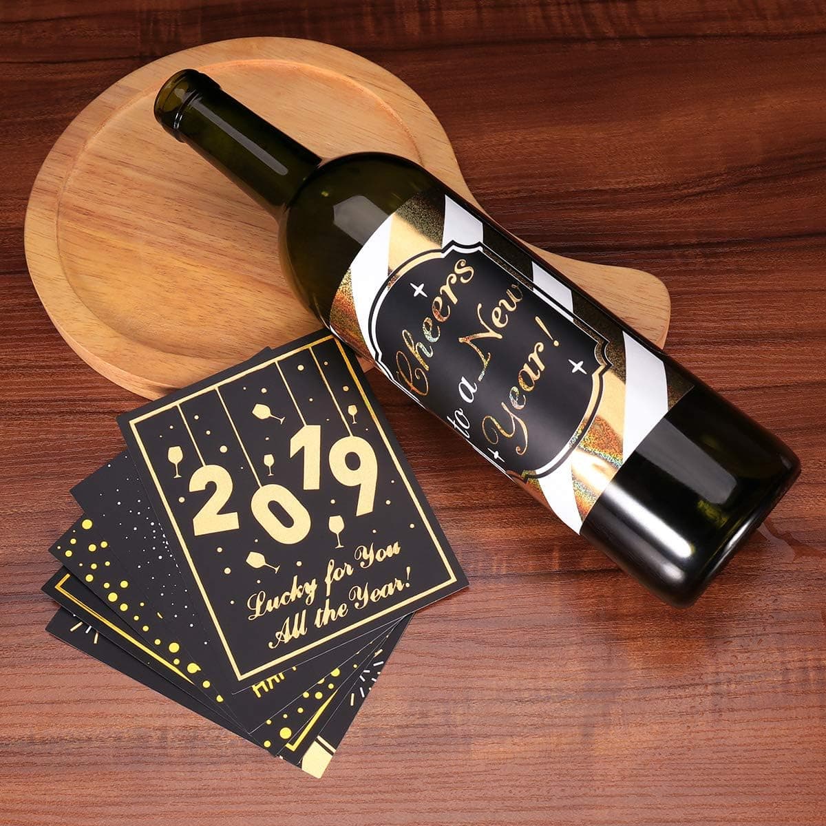 Amosfun 2019 New Year Wine Bottle Labels Party Decoration Accessories Stickers Christmas Bottle Labels for Party Decors,Pack of 18