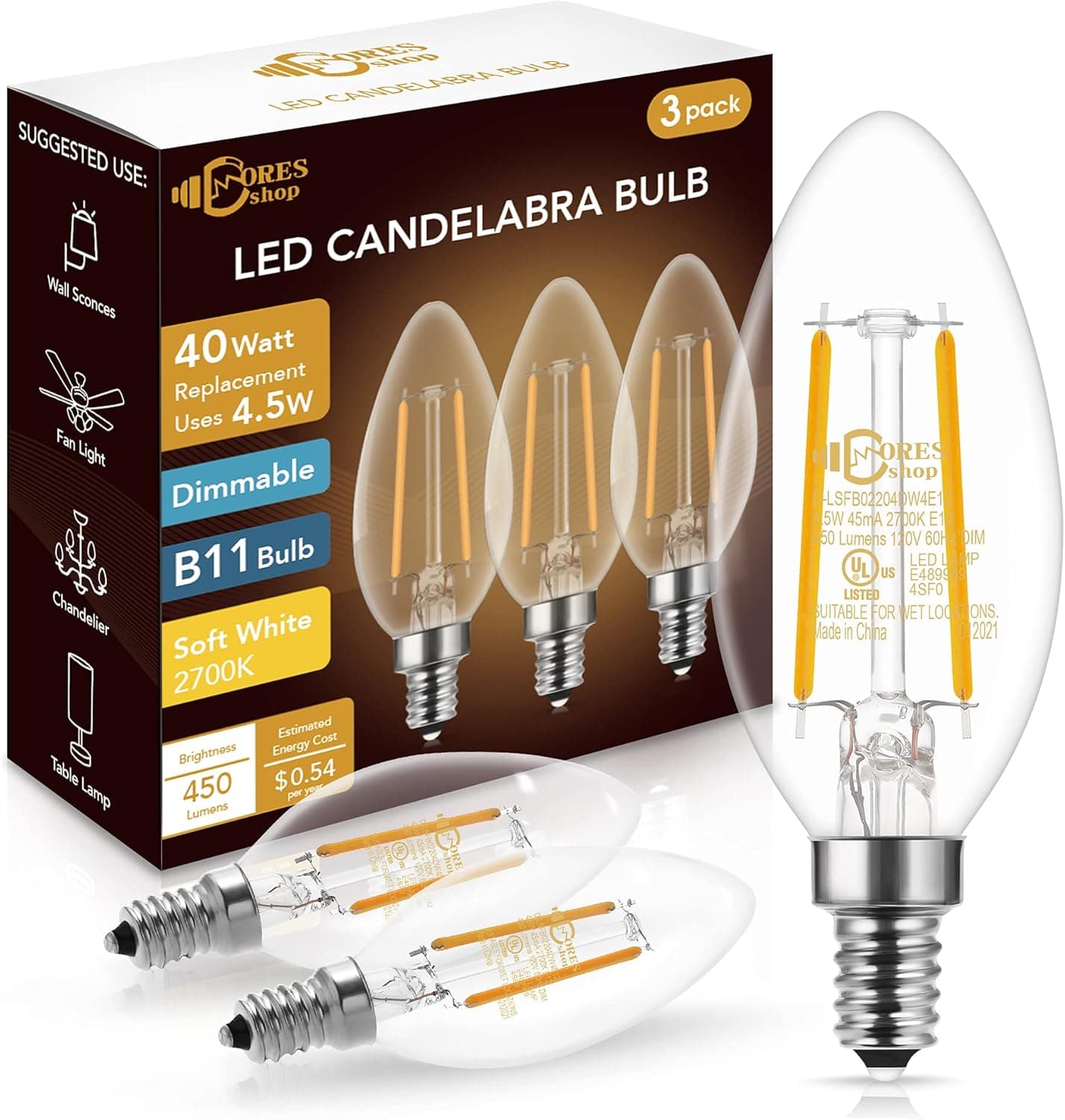DORESshop Dimmable E12 Candelabra LED Bulbs 40 Watt Equivalent, 2700K Warm White, 4.5W Clear Filament LED Chandelier Light Bulbs, 450lm, B11 Vintage Ceiling Fan Light Bulb with Flame Tip, 3-Pack