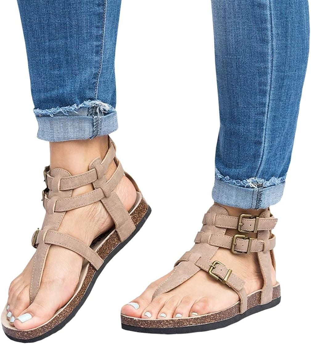 Ruanyu Womens Thong Gladiator Sandals Strappy Summer Cork Flat Sandals