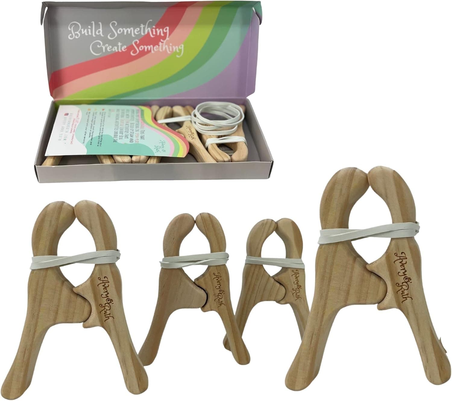 Avery&Ruth Wooden Toys Play Clips Set - 8 Rubber Bands - Handmade Montessori and Waldorf Play Stand Clips for Baby and Toddlers