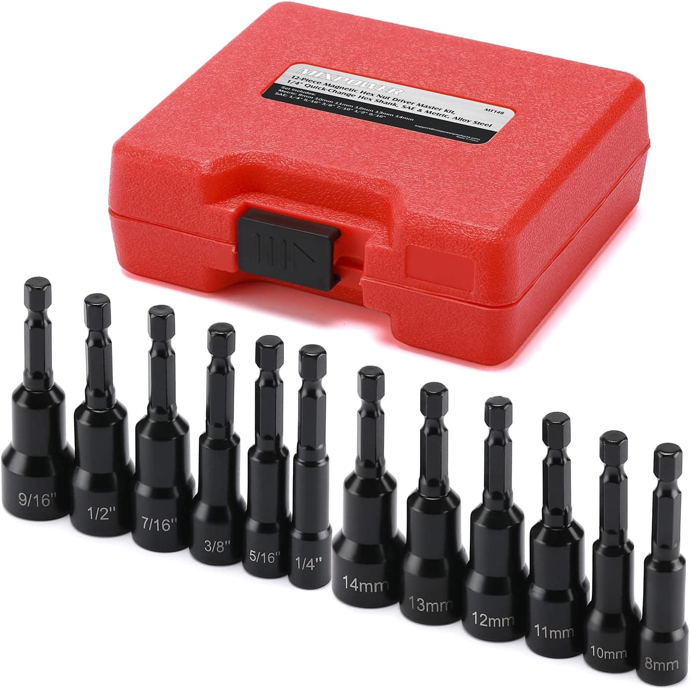 MIXPOWER 1/4" Magnetic Hex Nut Driver Set, 1/4" to 9/16", 8 to 10mm, Impact Ready Magnetic Nut Driver Bit Set, SAE & Metric, 12 Pieces Set with Platic Case