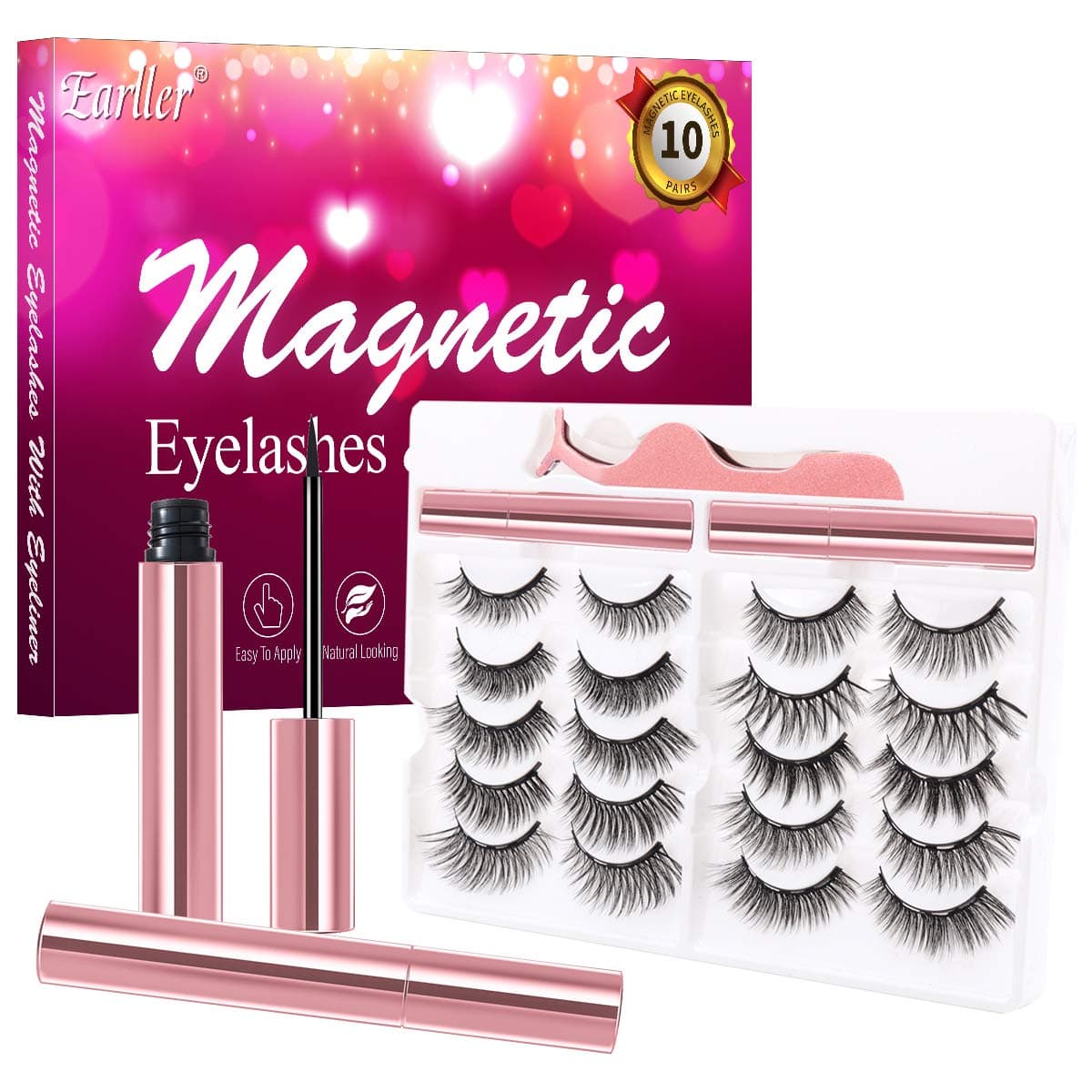 EARLLER 10 Pairs Magnetic Eyelashes with Eyeliner Kit, Natural Look and Fluffy Volume Faux Mink False Lashes - Easy to Apply and No Glue Needed, Reusable Short and Long Lashes Set