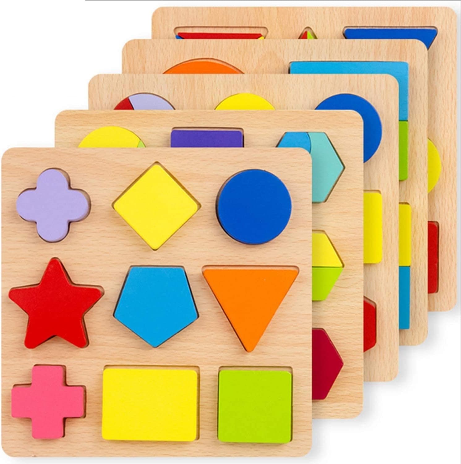 Wooden Simple Shape Puzzle 5 of Set for Toddlers First Jigsaw Puzzle Toys Shape Color Sorting Matching Peg Puzzle Montessori Geometric Early Educational Toys