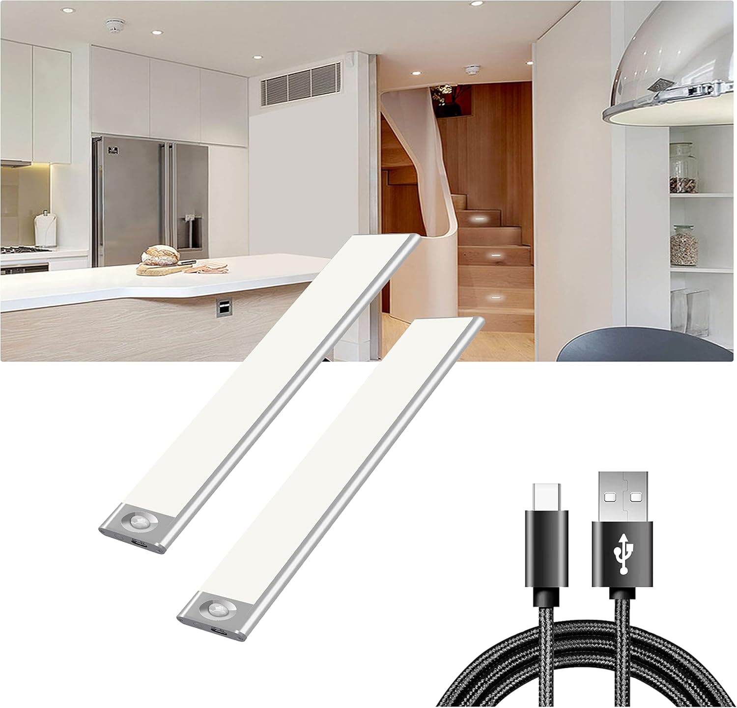 32 Led Under Counter Closet Lighting,Motion Sensor Cabinet Light , Wireless Kitchen Night Lights,Battery Powered USB Rechargeable Light,for Kitchen, Wardrobe, Cupboard-（Warm White, 2Pack）