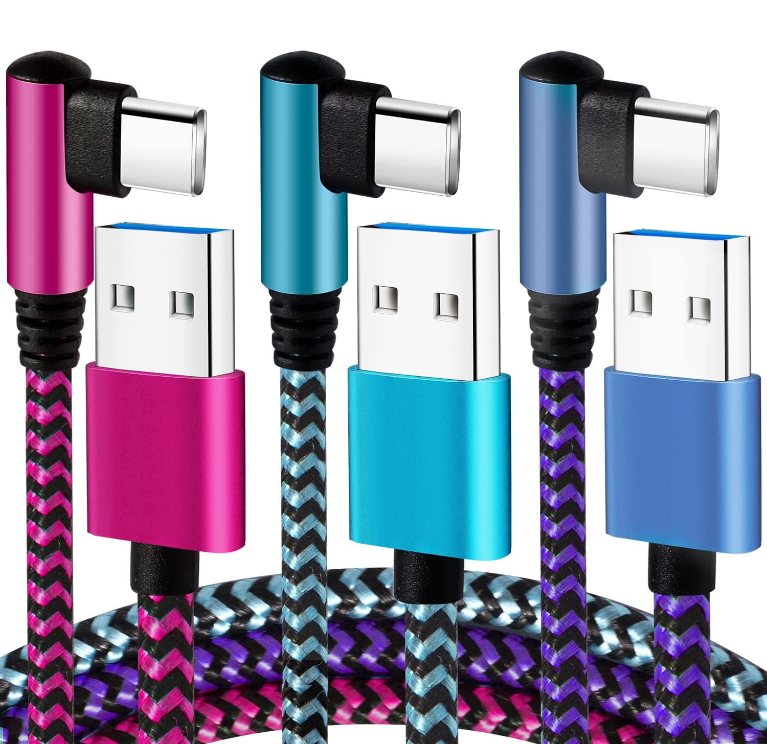 USB C Charging Cable [90 Degree/6ft/3Pack] Nylon USB C Cord Right Angle Compatible Galaxy S10 S9 S8 Plus S21, USB C Charger- Blue/Magenta/Purple