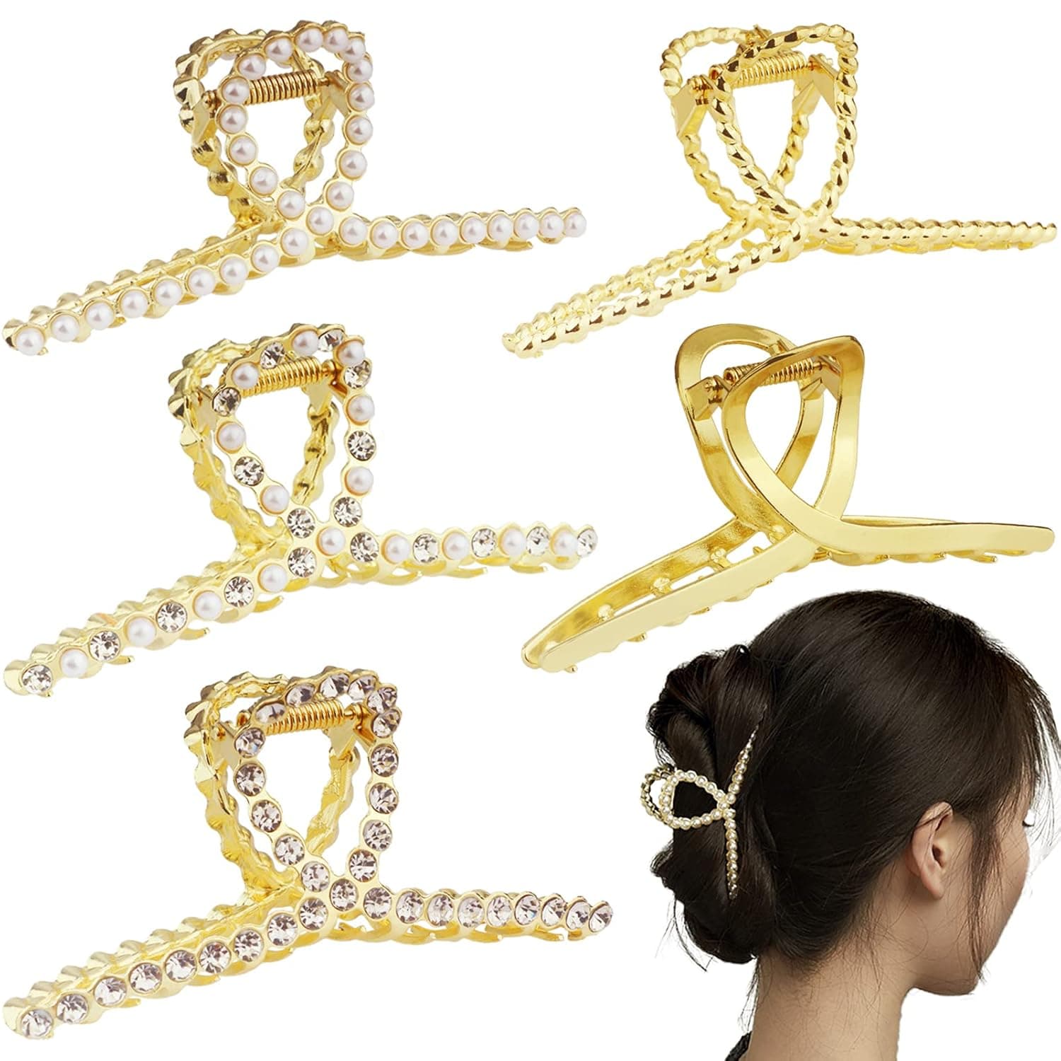 5 Pack Large Hair Clips for Women Pearl Hair Clips Metal Hair Clips Gold Rhinestone Claw Clip for Thick Hair Long Hair Jaw Clips Hair Accessories for Women & Girls