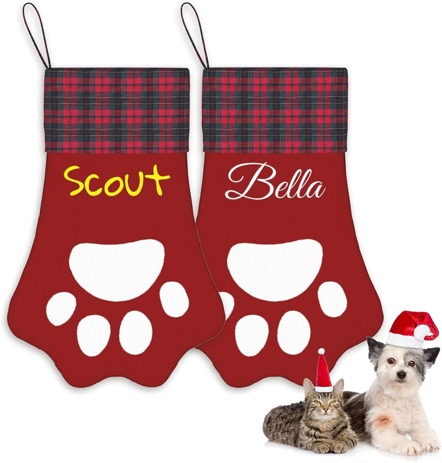 LHTB Personalized Christmas Stocking for Dogs and Cats, Paw Shape Stocking Custom Design with Pet Name, Xmas Home Decorations Farmhouse Fireplace Hanging Ornament, 2 Pack