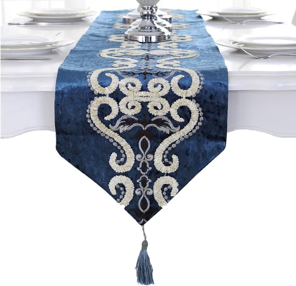 Classic Luxury Table Runner with Tassels for Wedding Party Banquet Home Decoration 13 x 82 inches Blue