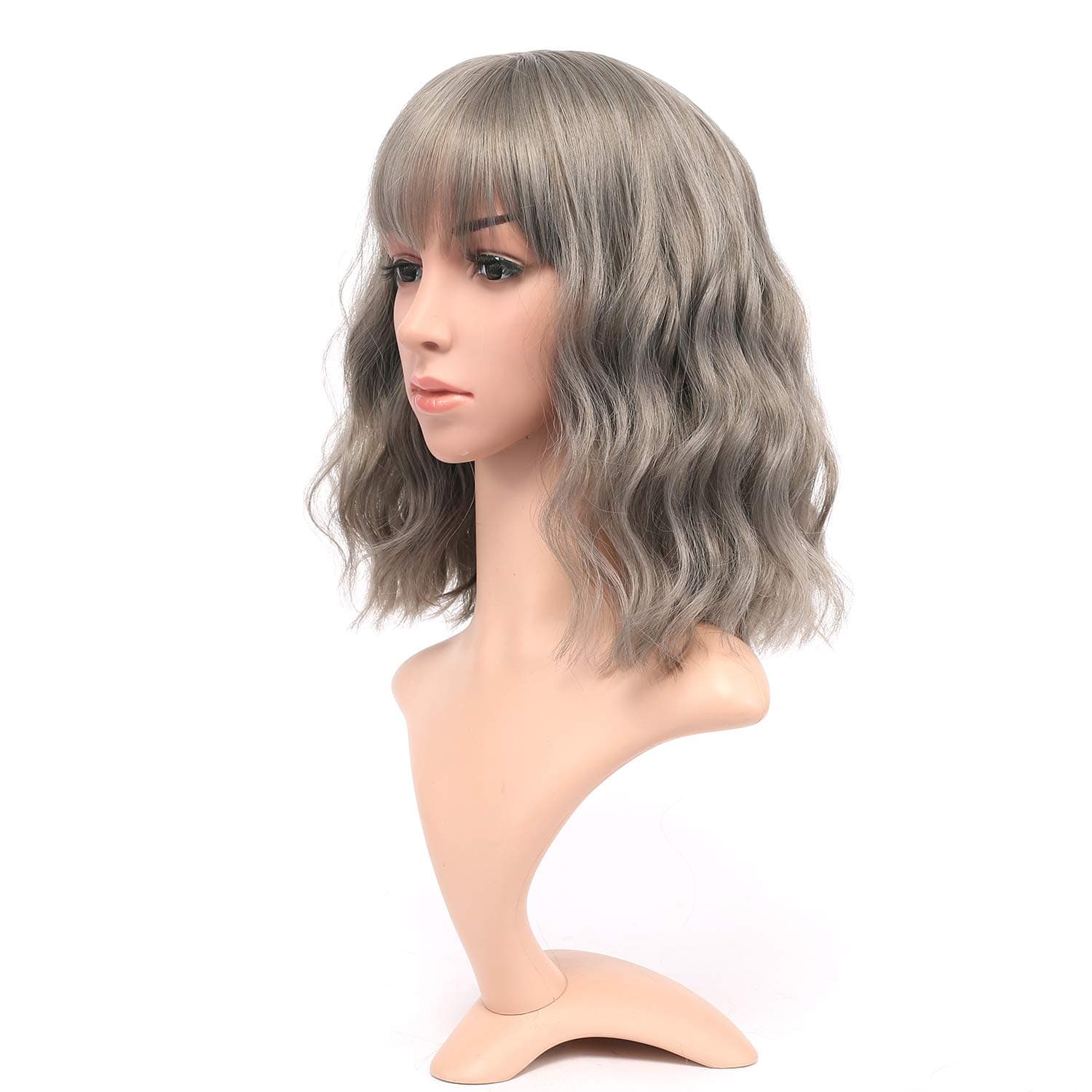 VCKOVCKO Natural Wavy Wig Short Bob Wigs With Air Bangs Gray Color Shoulder Length Women's Curly Wavy Synthetic Cosplay wig for Girl Colorful Costume Wigs(12",Gray)