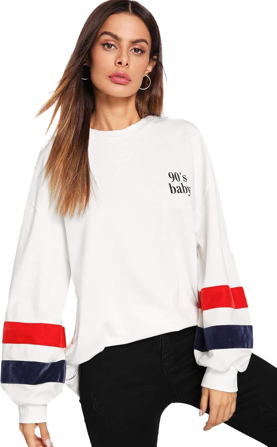 Milumia Women Casual Sweatshirts Drop Shoulder Striped Sleeve Pullovers Tops