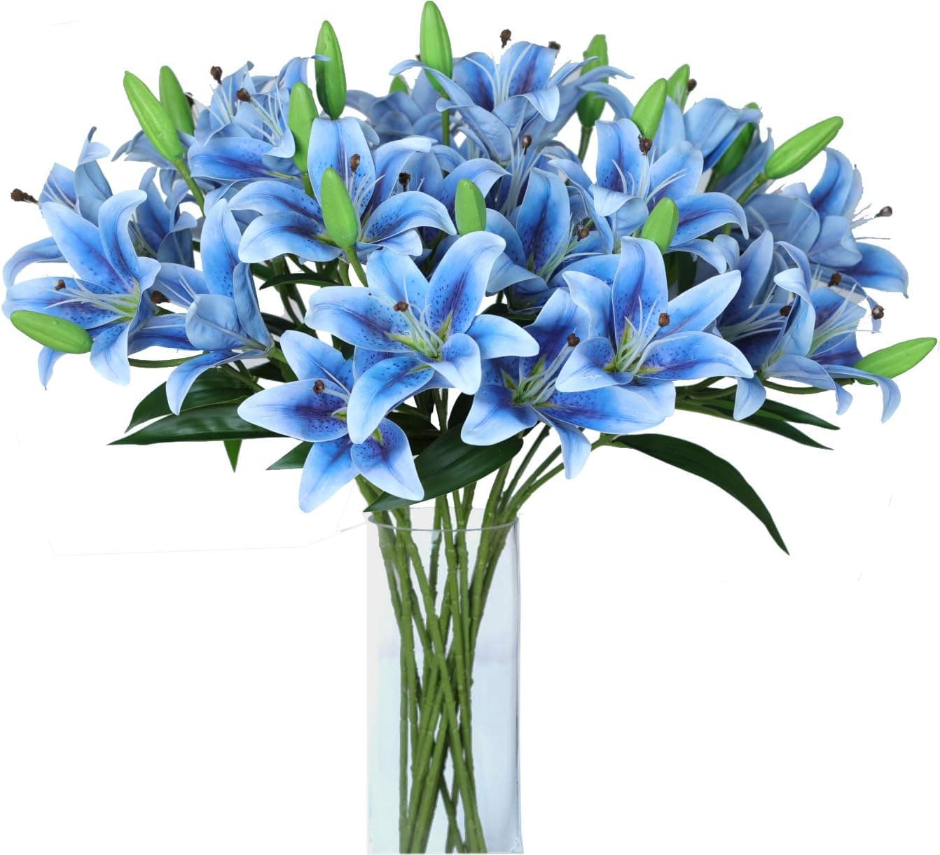 LNHOMY 6 Pack Artificial Lily Flowers Full Bloom Fake Latex Real Touch Artificial Flower Bouquets with 3 Heads Wedding Party Decor Home Décor (Blue)
