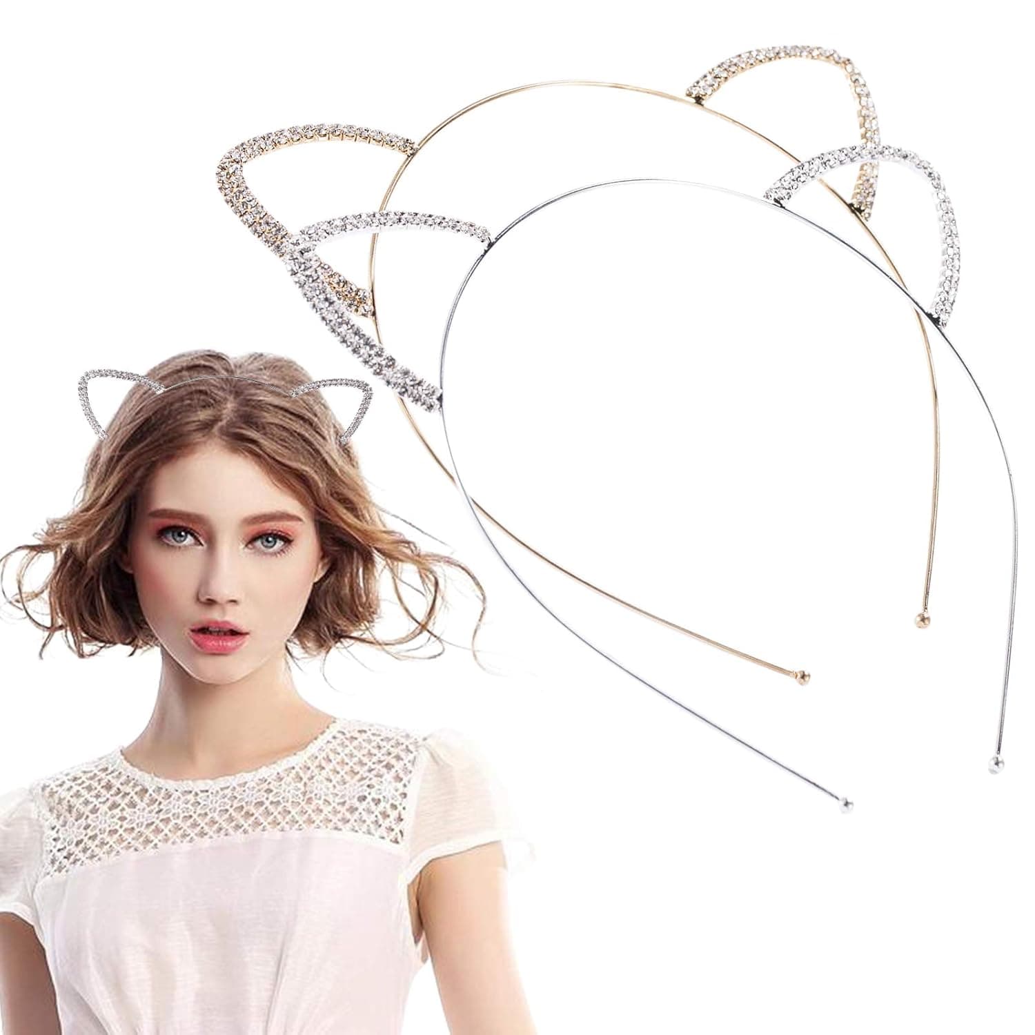HETIANMEI Cat Ears Headband, Cat Headbands for Women ,Diamond Sparkle Crystal Jeweled Headband for Kids/Girls, Can Better Reflect Your Youth, Cuteness and Sophistication (2 Pcs)