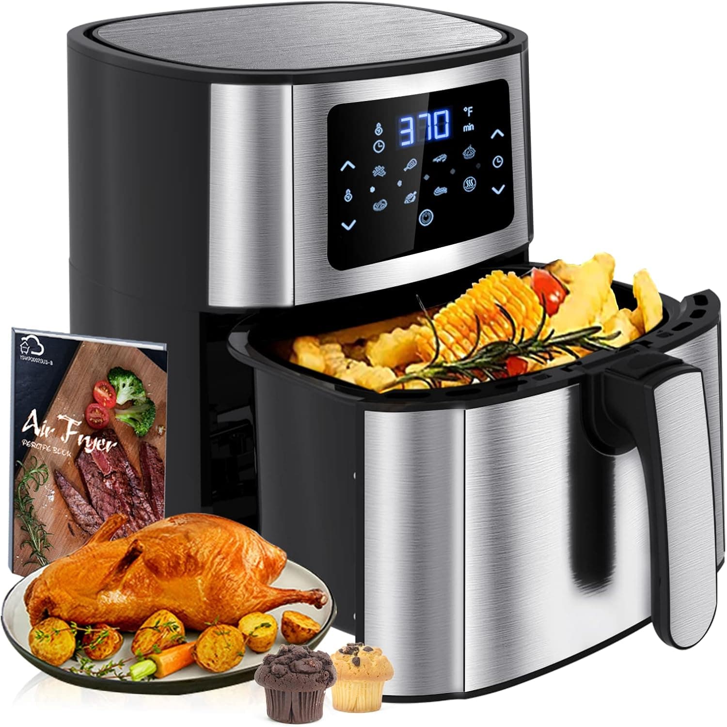 Air Fryer, Moochain XL 6 Quart Electric Hot Oilless Oven with LCD Touch Screen has 8 Cooking Presets, Adjustable Time and Temperature, Non-stick Basket Easy Clean, ETL Certified (72 Recipe Included)