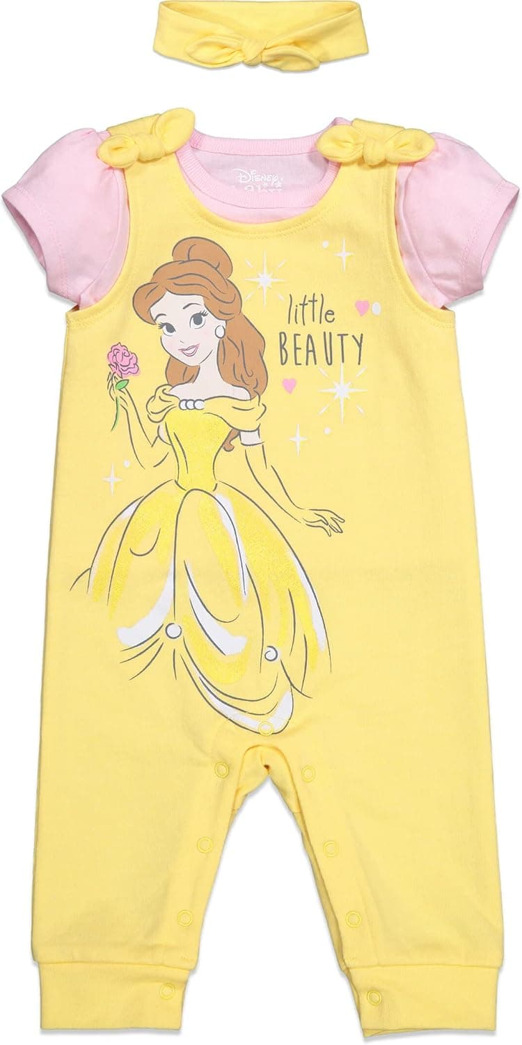 Disney Princess Belle Cinderella Ariel Baby Girls Romper T-Shirt and Headband 3 Piece Outfit Set Newborn to Infant
