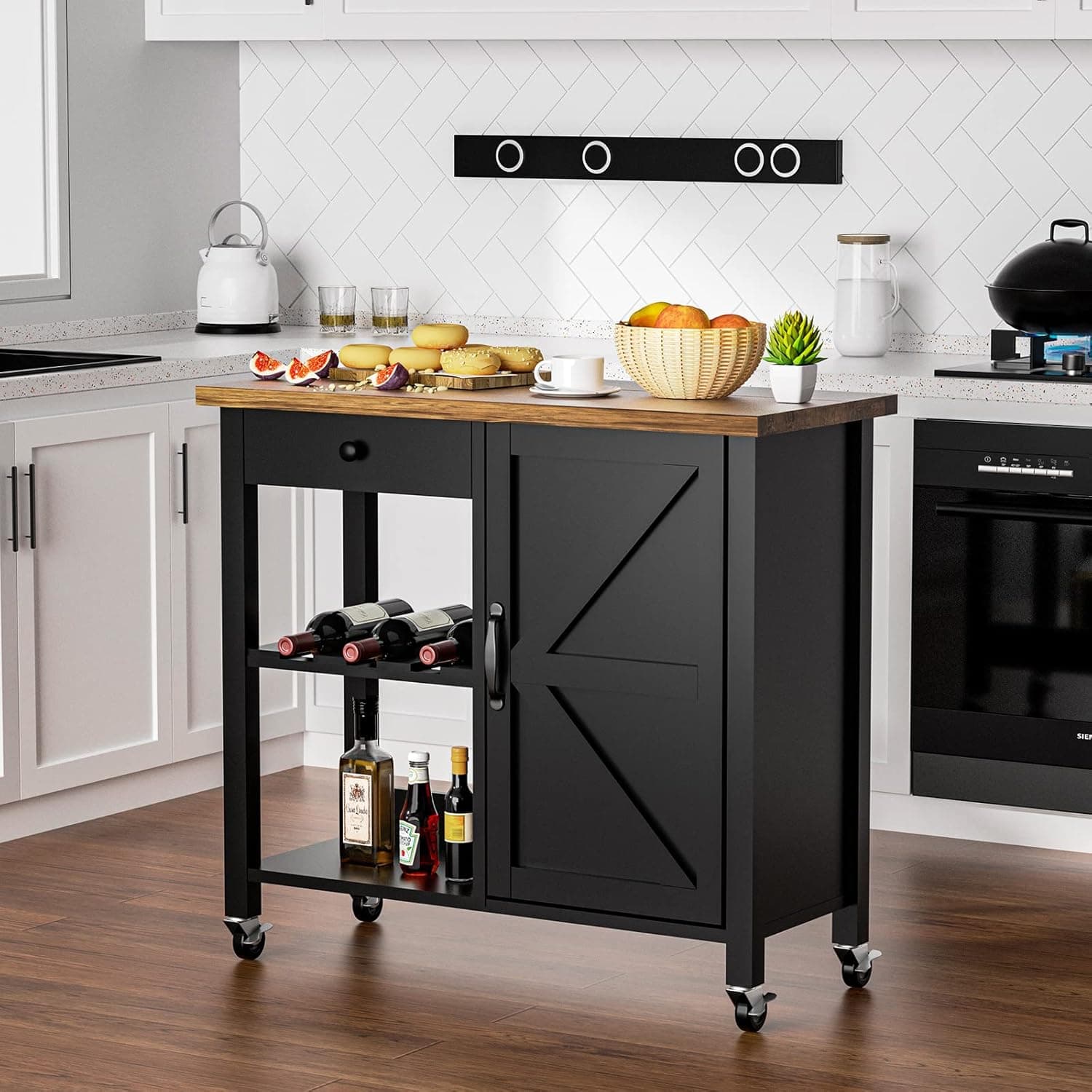 4 EVER WINNER Kitchen Cart with Storage on Wheels Small, Rolling Kitchen Island Cart on Wheels with Barn Doors, Wooden Countertop, Storage Drawer, Adjustable Shelf, Lockable Wheels, Black