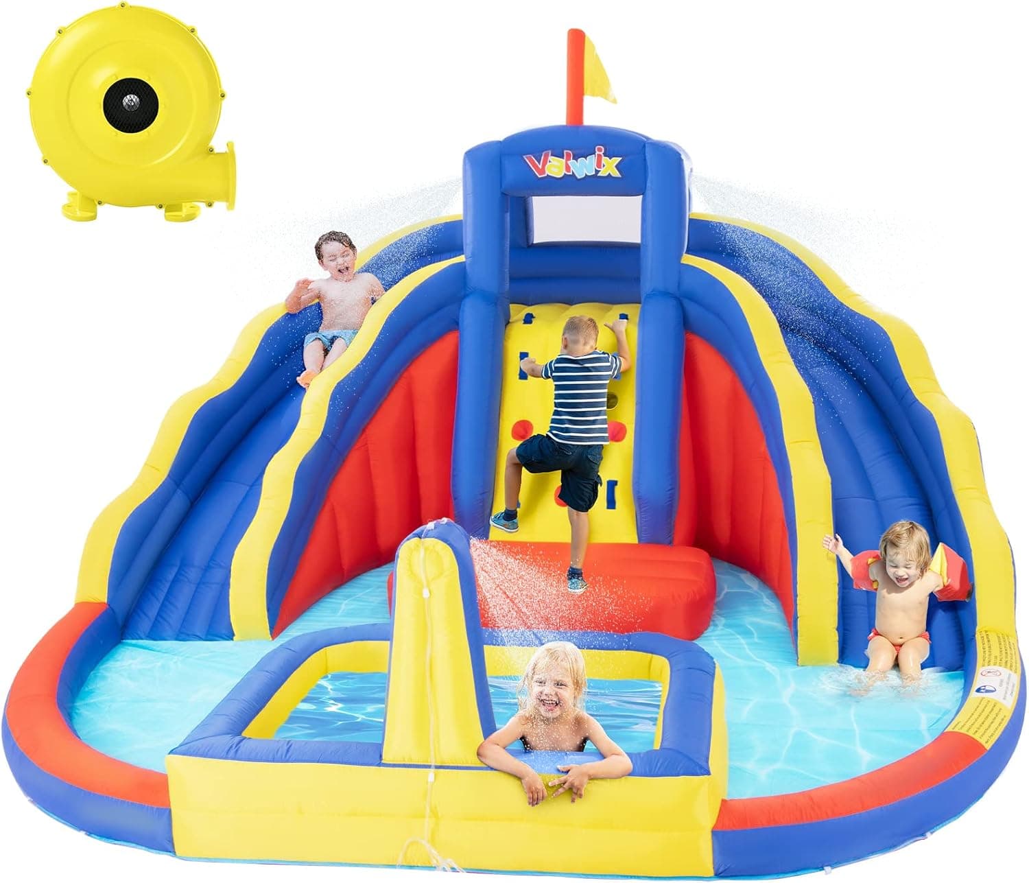 Newly Upgraded Valwix Inflatable Water Slide for Kids Backyard - 2 Water Slides, Climbing Wall, and Splash Pool Design, Heavy-Duty Oxford Fabric and Blower Included, Easy Setup