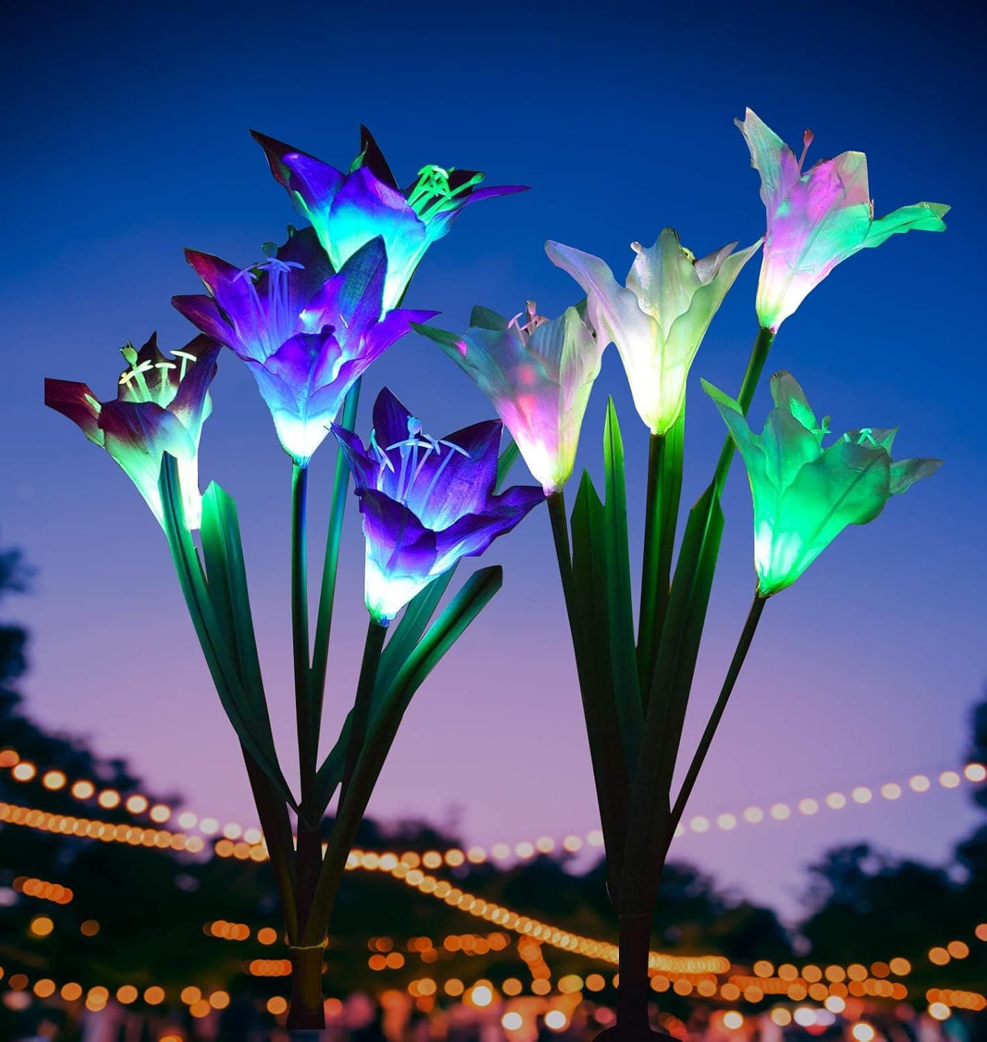 Upgraded Solar Garden Lights Outdoor - Multi-Color Changing Lily Solar Flower Lights for Path, Yard, Patio Decorations,Wider Solar Panel,Bigger Flower and Longer Working Time (Purple and White)