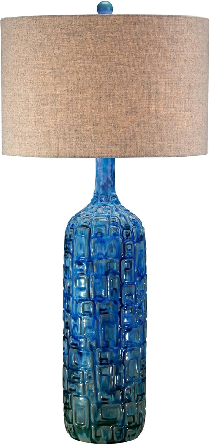 Possini Euro Design Mid Century Modern Style Table Lamp with Table Top Dimmer 36" Tall Teal Glaze Ceramic Tan Linen Drum Shade for Living Room Bedroom House Bedside Home Entryway (Colors May Vary)