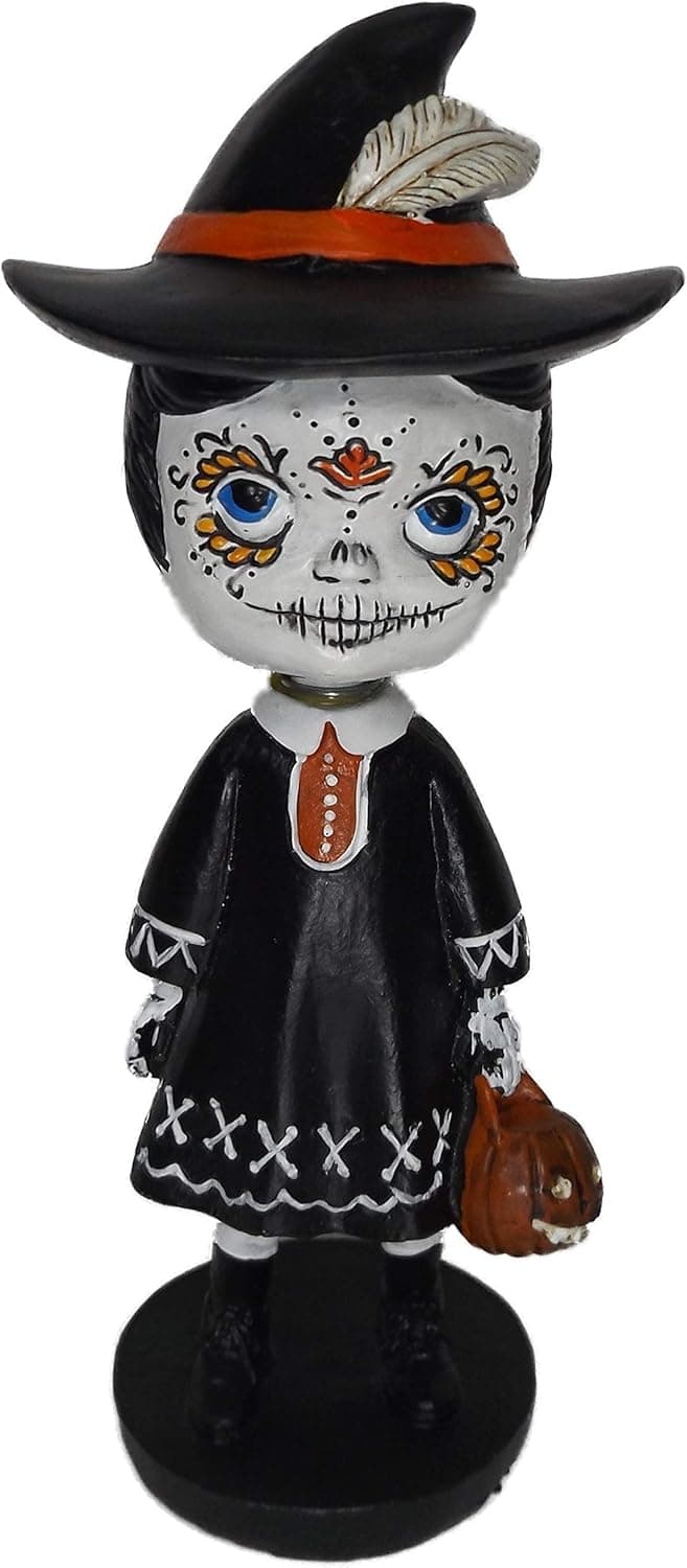 On Holiday Resin Day of Dead Skeleton Figure Trick or Treater Bobble Head Halloween Decoration (Skeleton Witch)