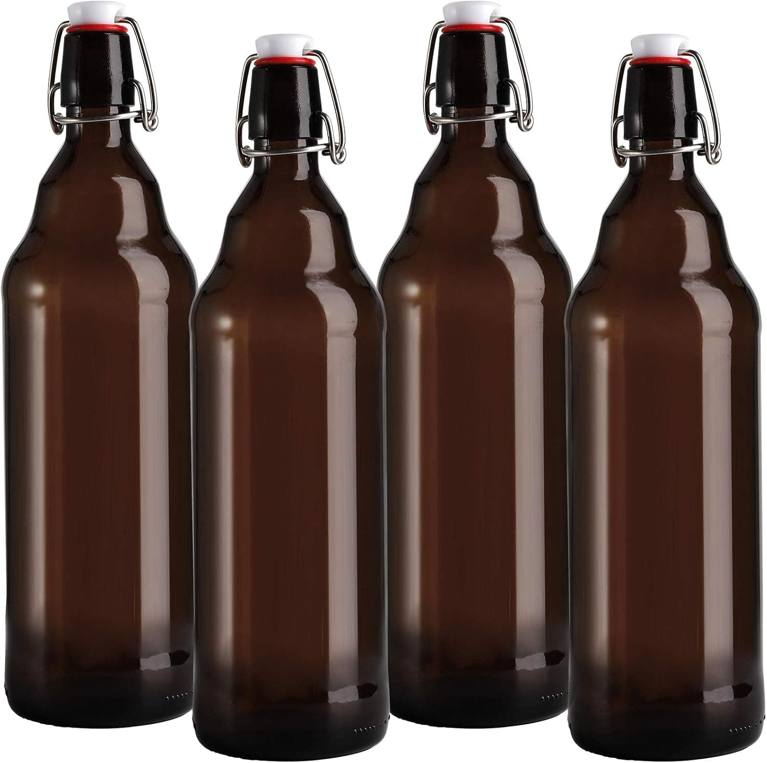 Jucoan 4 Pack Amber Glass Swing Top Bottles, 32oz / 1 Liter Flip Top Glass Beer Bottles with Airtight Stopper, UV Protection Glass Pitcher Brewing Bottle for Beverage, Kombucha, Beer, Soda, Kefir